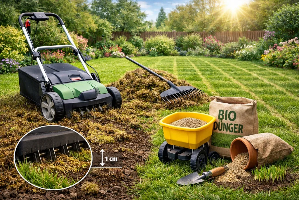Rasen vertikutieren – Entfernung von Moos und Rasenfilz für dichten, gesunden Gartenrasen